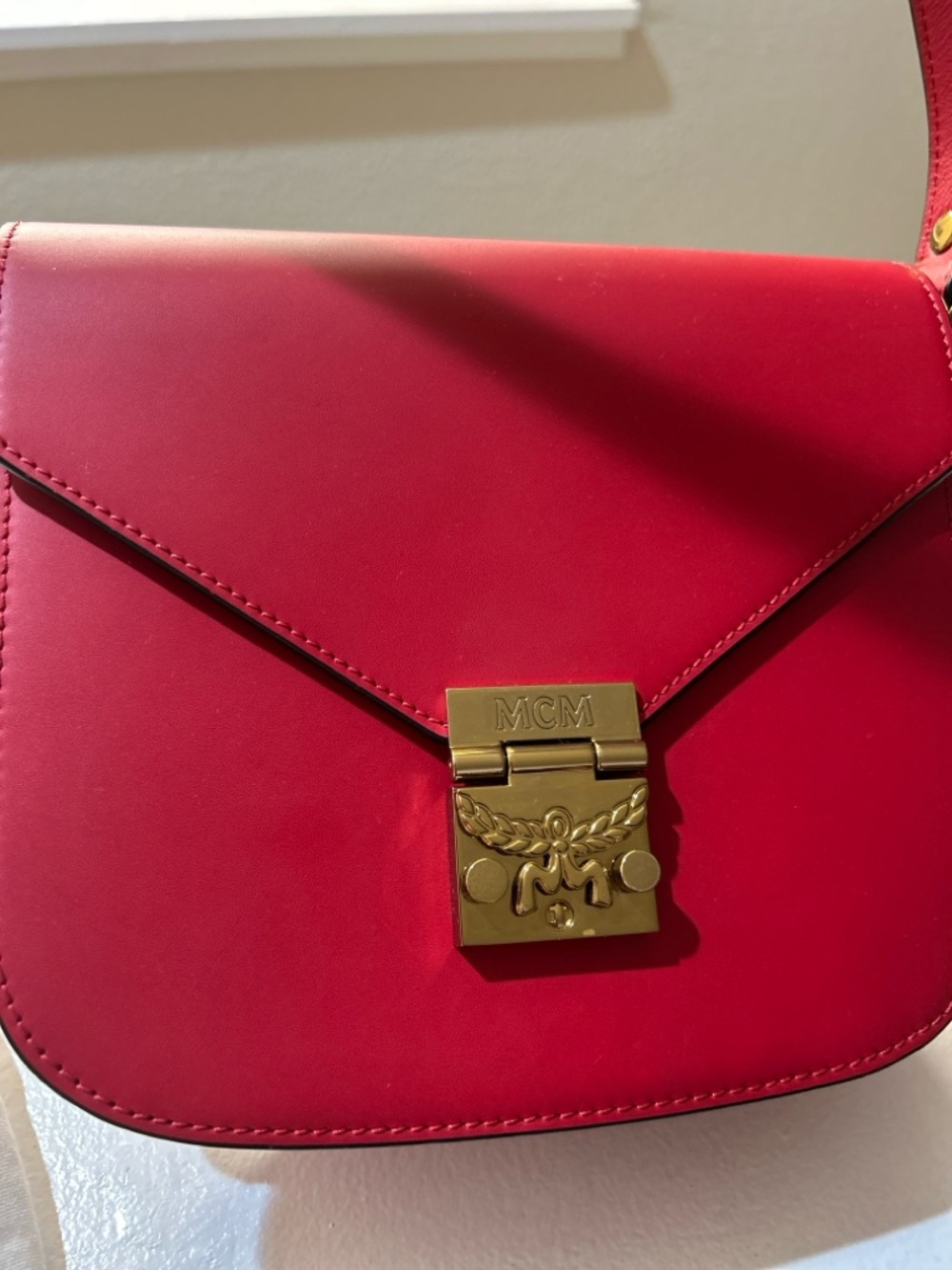 MCM Red Leather Crossbody with Gold Plaque Lock